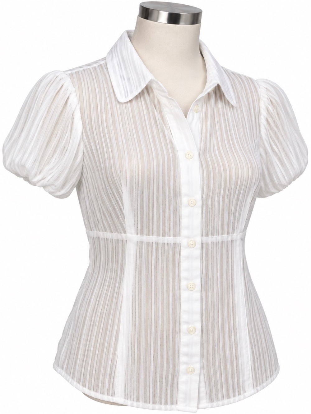 Iz Byer White Sheer Vertical-Stripe Puff-Sleeve Button-Down Top